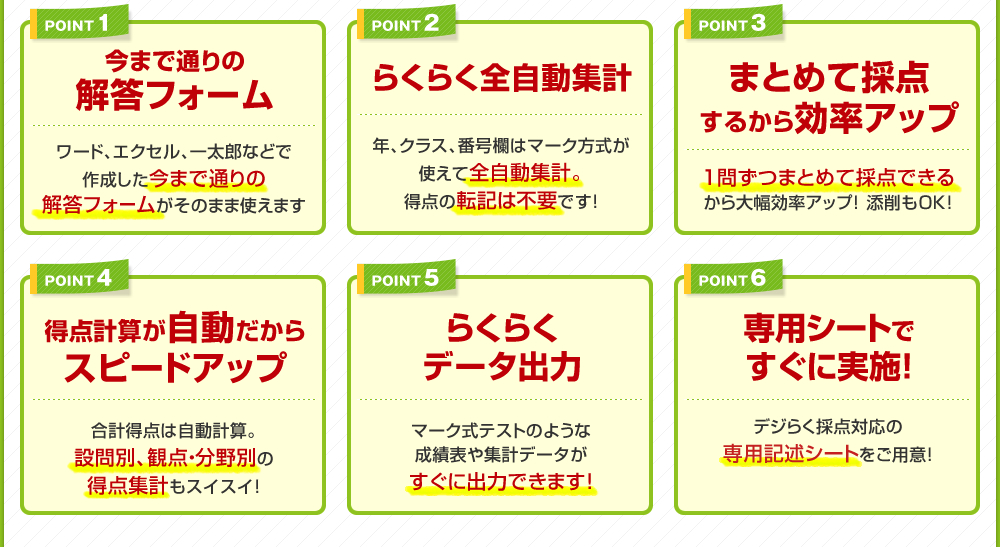 採点の効率UP!!集計もらくらく!!デジタル出力でらくらく!!すぐに導入できる!!低コスト!!専用シートですぐに実施！