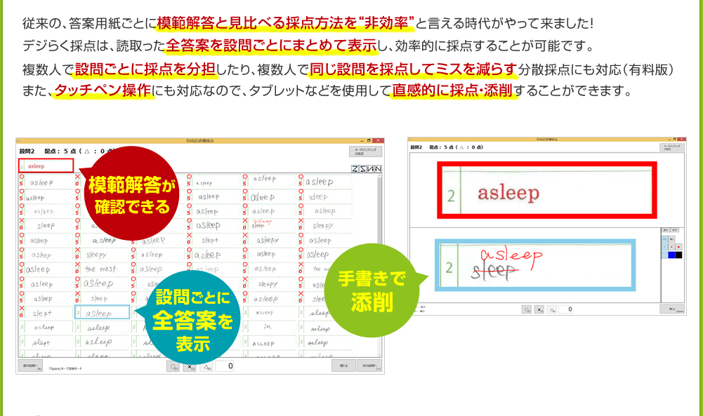 従来の、答案用紙ごとに模範解答と見比べる採点方法を“非効率”と言える時代がやって来ました！